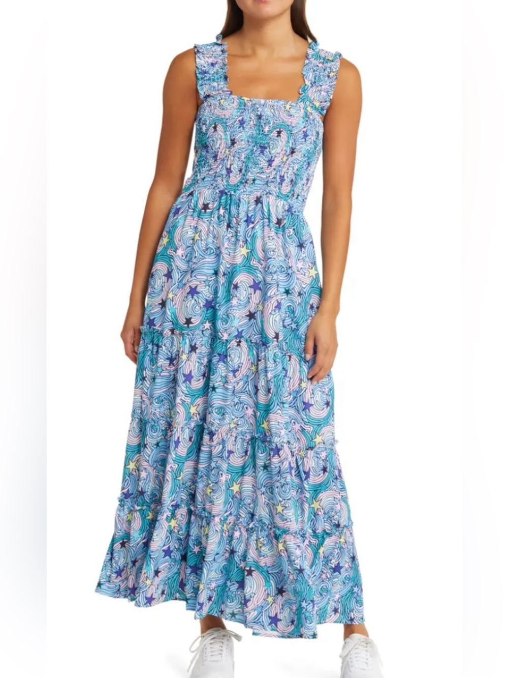 Dressed in Lala Smocked Ruffle-Strap Maxi Dress in Teal Wave Print